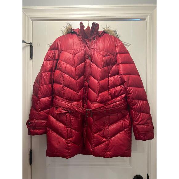 Land’s End Women’s Down Puffer Faux Fur Hooded Winter Jacket Size 1X 16W-18W Red - Picture 1 of 10